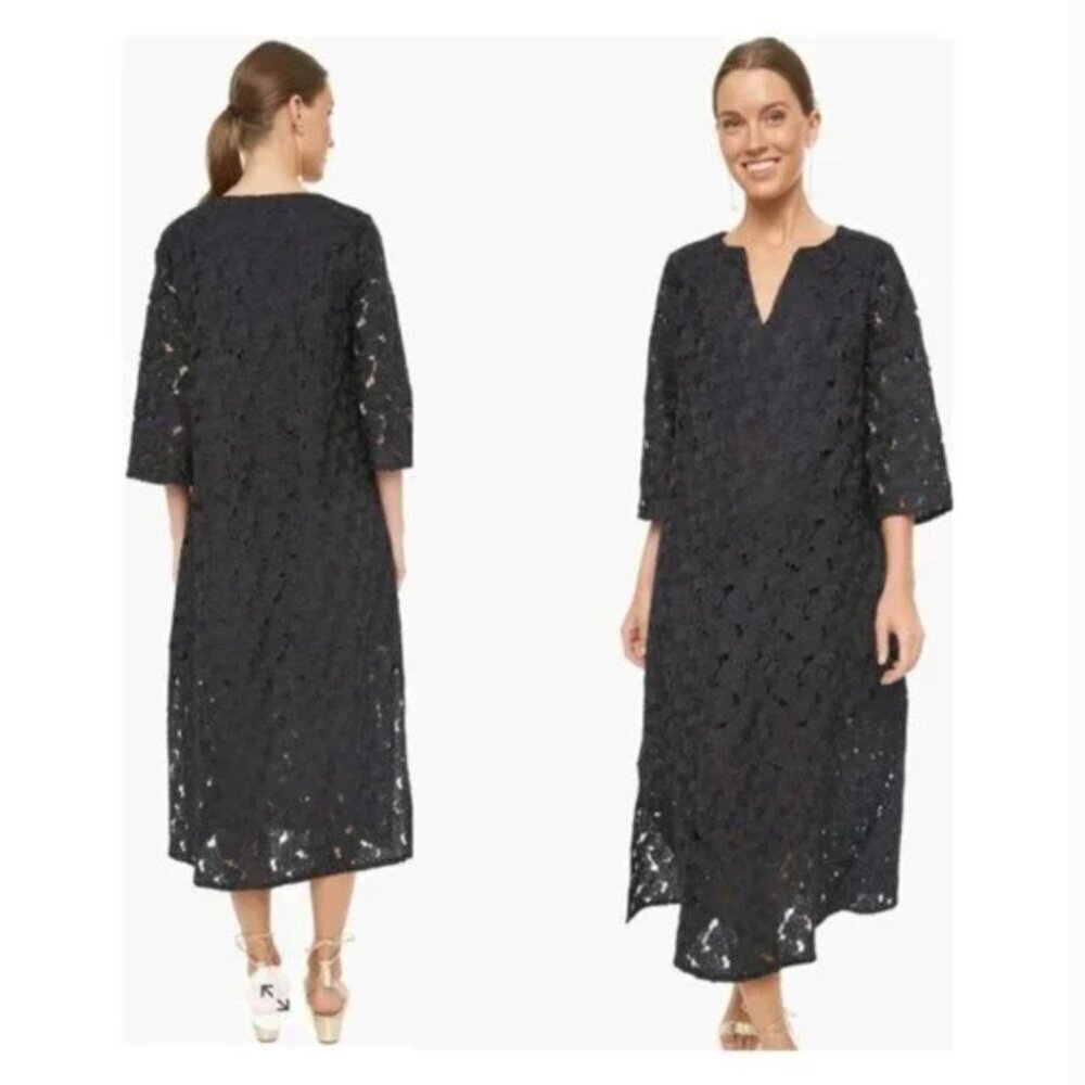Tuckernuck Jamie Dress Midi Kaftan Shift V-Neck Floral Lace Eyelet Black New XS